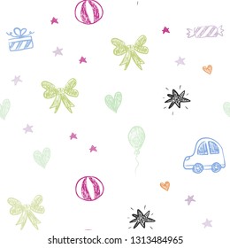 Light Multicolor vector seamless texture with birthday gifts. Colorful illustration with a toy car, heart, baloon, tulip, candy, ball. Template for new year postcards.
