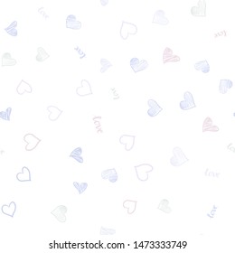 Light Multicolor vector seamless texture with words LOVE YOU, hearts. Design in doodle style with text LOVE YOU, hearts. Design for wallpaper, fabric makers.