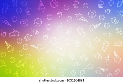 Light Multicolor vector template with sweet snacks. Illustration with set of sweet food in doodle style. Design for ad, poster, banner of cafes or restaurants.