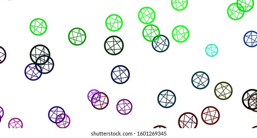 Light Multicolor vector texture with religion symbols. Colorful vintage illustration with gradient alchemy shapes. Best design halloween events.