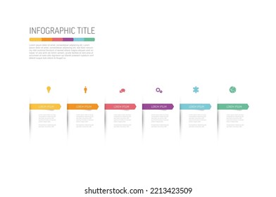 Luz multipropósito Seis elementos infografía con marcadores de color e iconos en fondo blanco. Infografía simple minimalista con seis secciones y descripciones