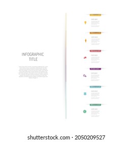 Light multipurpose Six vertical elements infographic with colored bookmarks and icons on white background. Minimalistic simple infograph with six sections and descriptions
