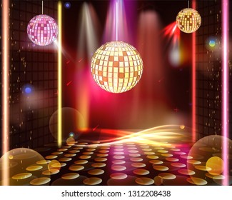 Light music in yellow neon. Energy party in night club. Vector red and yellow abstract background with disco ball, light and neon lines
