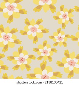 Light Mustard with whimsical yellow flower elements with their sunny yellow decorative leaves seamless pattern background design.