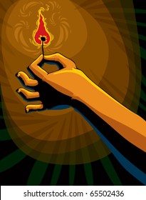light my fire. Hand with flamed match
