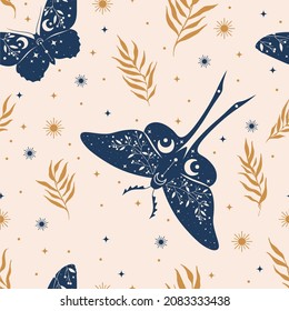Light and mystical vector seamless pattern with blue moths on beige background. Perfect for textile, wallpaper or print design.