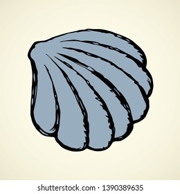 Light nacre scallop snail pictogram isolated on white backdrop. Freehand outline blue ink hand drawn emblem picture sketchy in art scribble retro style pen on paper. Close up view with space for text