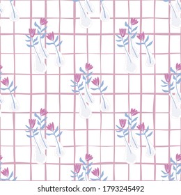 Hellnaives nahtloses Muster mit Blumen und Vasen. Weißer Hintergrund mit Scheck. Einfache Frühlingshintergrund. Dekorative Bedruckung für Tapeten, Wickelpapier, Stoffdruck, Stoff. Vektorgrafik.