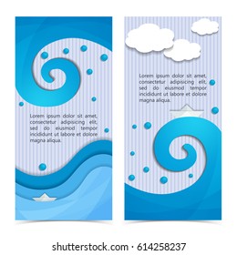 Light natural vertical banners with text paper blue waves and white clouds on striped background vector illustration