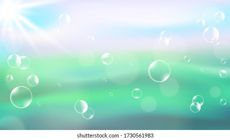 Light nature background on blurred with soap bubbles. Horizontal template for poster or banner. Vector illustration.