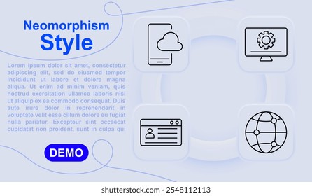 Light neomorphism icons. Minimal UI icons for cloud storage, browser, and global networking with soft gradient shadows on a light background for modern interfaces