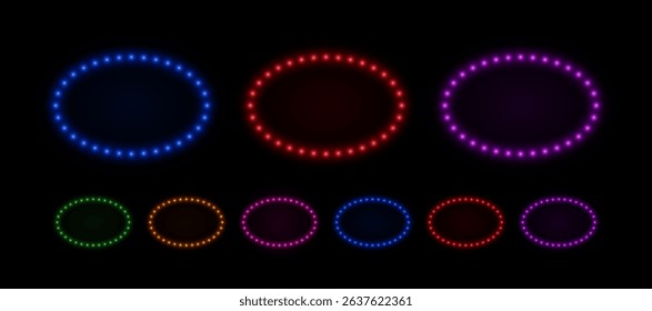 Light neon bulbs oval frame. Ellipse border with led glow of lamps. Set of vector retro elements for advertising casino, parties and cinema.