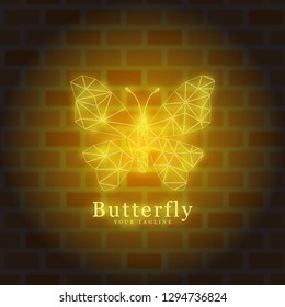 light neon butterfly. glowing with the theme of lights on a brick wall