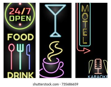 Light neon cards labels vector illustration font decorative symbols night bright text objects.