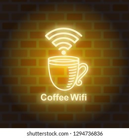 light neon coffee, glowing with a cafe wifi theme on a brick wall