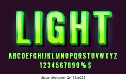Light neon font, color green, glowing letter retro font, futuristic alphabet. Vector illustration