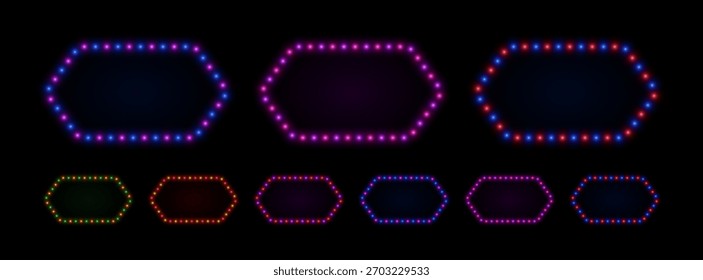 Marco de neón ligero con bombillas. Frontera retro de resplandor led para publicidad de casino y cine.