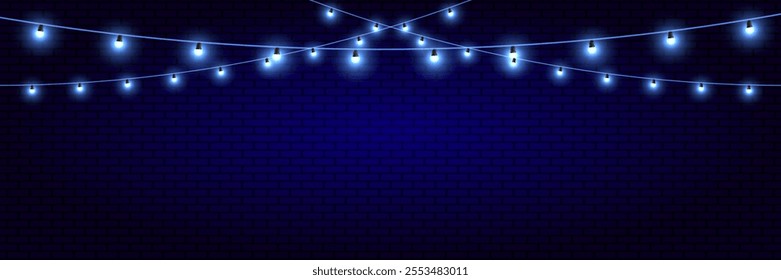 Light neon garland.Light effect.Brick blue background.Christmas lights.Holidays,scene.Vector.EPS 10.