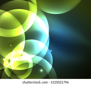 Light neon glow circles background, bright banner with shiny round shapes and electric effects. Modern design template for cover design for web banners, internet sites, posters, flyers. Vector art