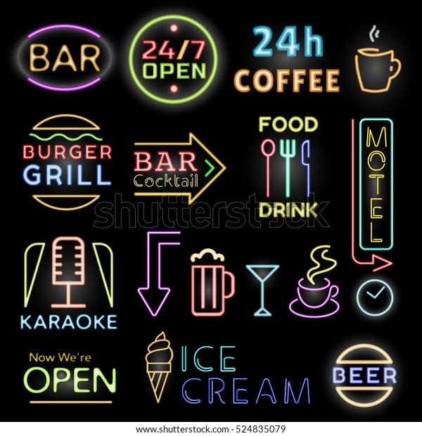 明るいネオンラベルの看板 看板の暗い色のベクター画像イラスト 24時間オープンカフェ バーレストランのデザインが輝く のベクター画像素材 ロイヤリティフリー