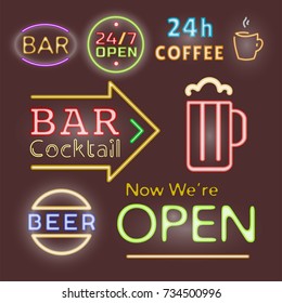 Light neon labels vector illustration font decorative symbols night bright text objects.