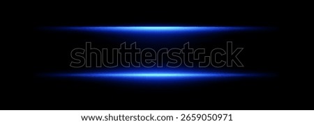Light neon lines with flare effect. Laser beam glow. Horizontal stripe with bright flash. Vector isolated led radiance on black background.