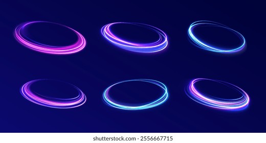 Light neon pedistal, podium, platform, table. To center a bright flash, png, effect, wave,neon,line. Curve light effect of neon line. Png luminous neon circle. 