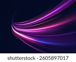 Light from neon purple lines moves with speed on the expressway, creating an effect of blue in the background. Abstract futuristic police aesthetics merge with bright design in vector png
