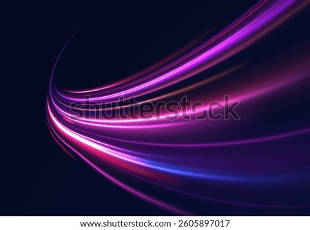 Light from neon purple lines moves with speed on the expressway, creating an effect of blue in the background. Abstract futuristic police aesthetics merge with bright design in vector png