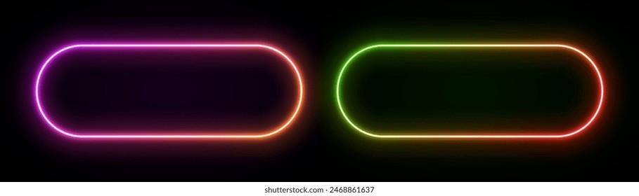 Light neon rectangle frame. Glow of the laser border. Led gradient banner. Rounded geometric elements for game design and advertising.