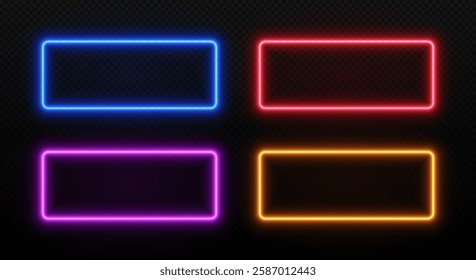 Light neon rectangle frame. Glow LED border. Vector set of laser templates for design isolated on dark transparent background.