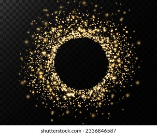 Light neon ring. Round shape with small dust trail particles and lights, shiny frame on an isolated and transparent background.
