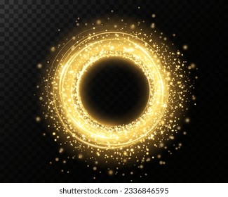 Light neon ring. Round shape with small dust trail particles and lights, shiny frame on an isolated and transparent background.
