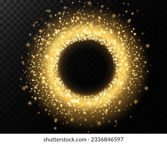 Light neon ring. Round shape with small dust trail particles and lights, shiny frame on an isolated and transparent background.
