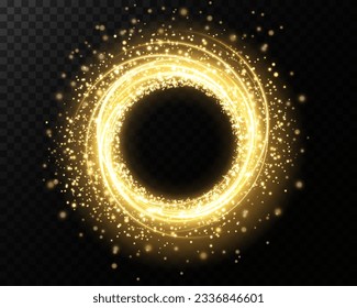 Light neon ring. Round shape with small dust trail particles and lights, shiny frame on an isolated and transparent background.
