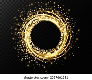 Light neon ring. Round shape with small dust trail particles and lights, shiny frame on an isolated and transparent background.
