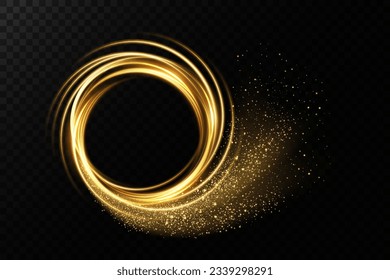 Light neon ring. Round shape with small dust trail particles and lights, shiny frame on an isolated and transparent background.
