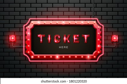 light neon sign ticket on brick wall background vector illustration