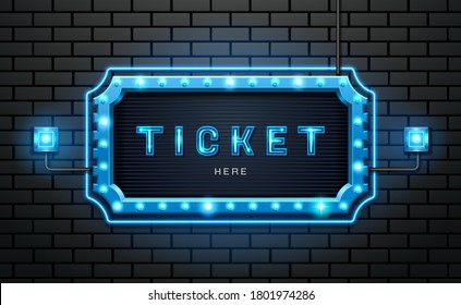 light neon sign ticket on brick wall background vector illustration