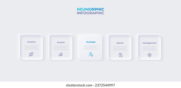 Light neumorphism horizontal progress diagram with 5 square elements. Infographic design template