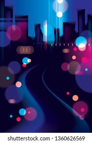 Light night at city, bokeh abstract background blurred lights. Effect vector beautiful background. Blur colorful dark background with cityscape, buildings silhouettes skyline.