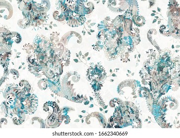 Light not seamless vector pattern with paisley and stylized flowers and plants. Light floral background. Spring, summer decorative abstract backdrop. Design for rug, cover, carpet, mat, shawl.