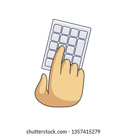 Light number keyboard and user hands on keys isolated on white background