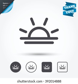 Light on icon. Lamp bulb or sunset symbol. Circle and square buttons. Flat design set. Thank you ribbon.