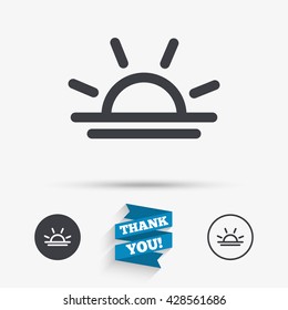 Light on icon. Lamp bulb or sunset symbol. Flat icons. Buttons with icons. Thank you ribbon. Vector