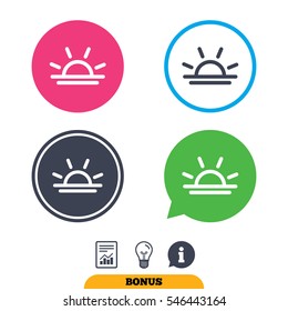 Light on icon. Lamp bulb or sunset symbol. Report document, information sign and light bulb icons. Vector
