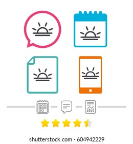 Light on icon. Lamp bulb or sunset symbol. Calendar, chat speech bubble and report linear icons. Star vote ranking. Vector