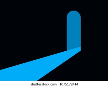 Light from an open arch, blue ray of light. Passage in the dark. Vector illustration