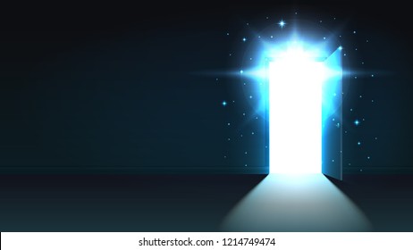 Light from the open door of a dark room, abstract mystical glowing exit, background, open door template, mock up