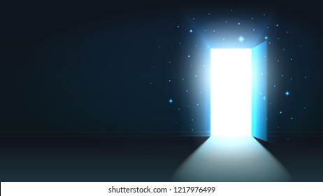 Light from the open door of a dark room, abstract mystical shining exit, background, open door template, mock up